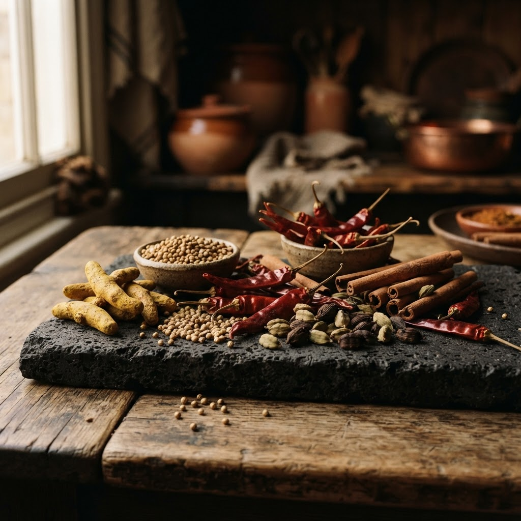 Whole Indian spices arranged on a dark stone surface