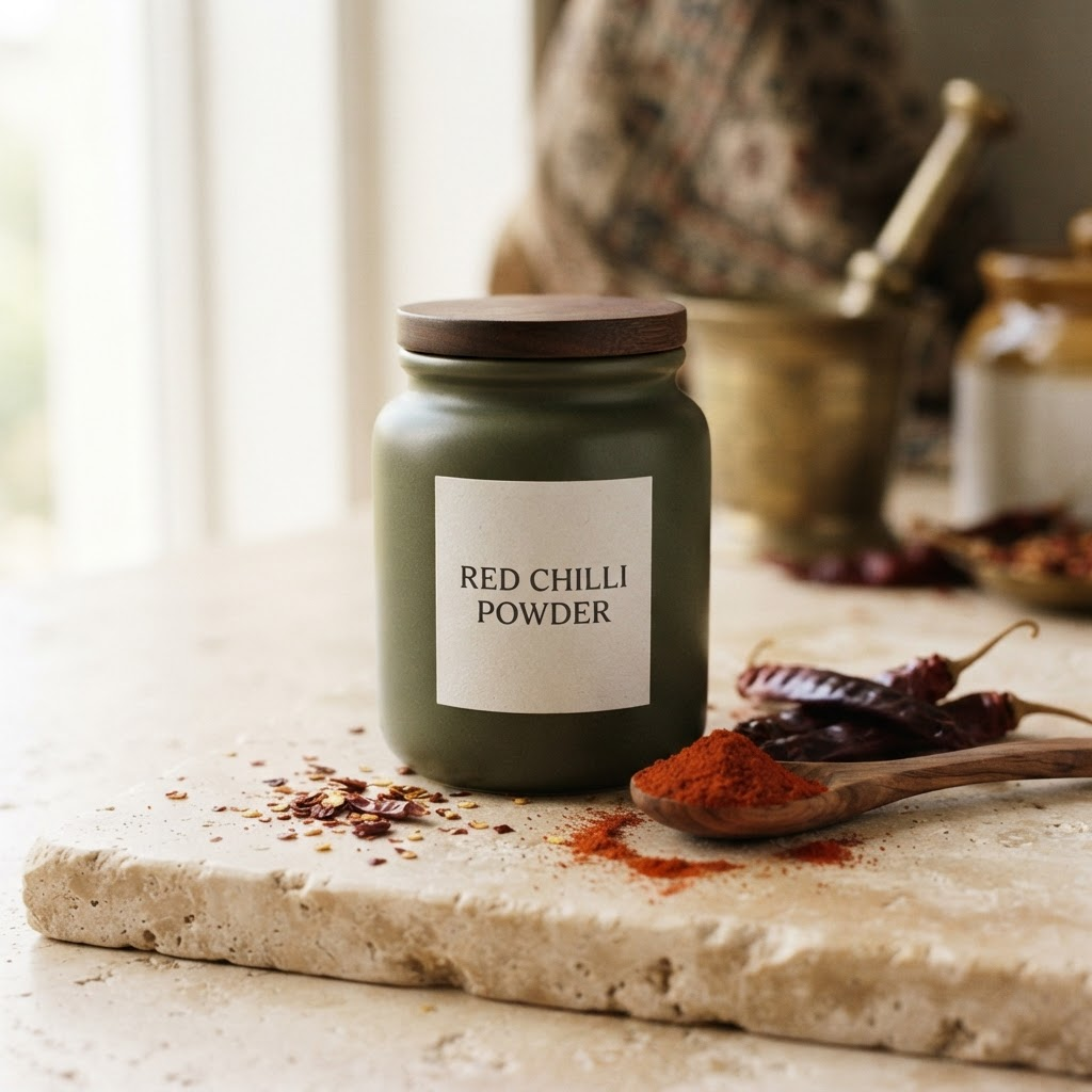 Sainik Masale red chilli powder product jar with dried chillies