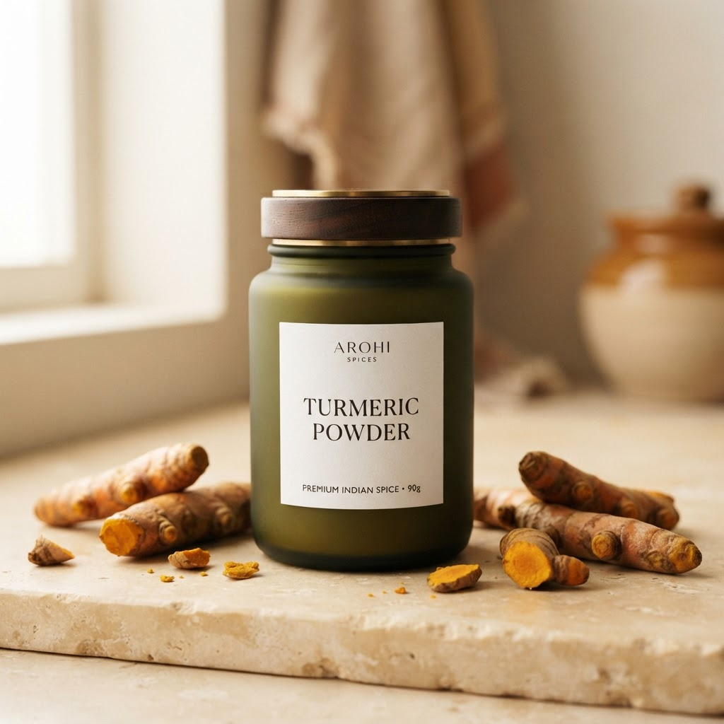 Sainik Masale turmeric powder product jar with turmeric roots